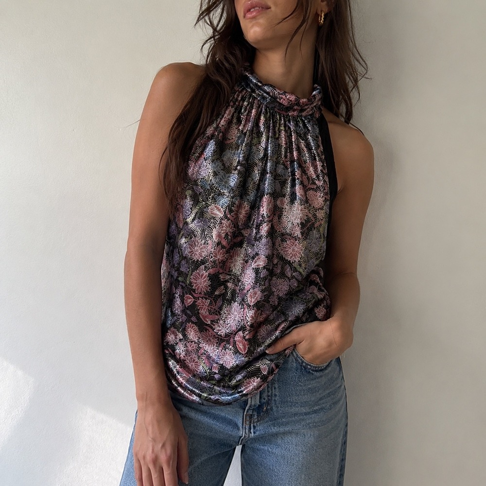 J. Crew Collection Metallic Floral Silk Blend Halter Top Size Medium Fairy Boho